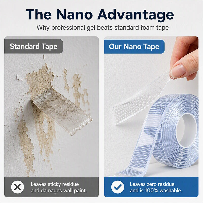 Comparison between standard mounting tape and clear washable nano gel tape