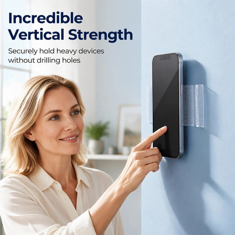 Clear mounting tape holding a phone against a smooth wall
