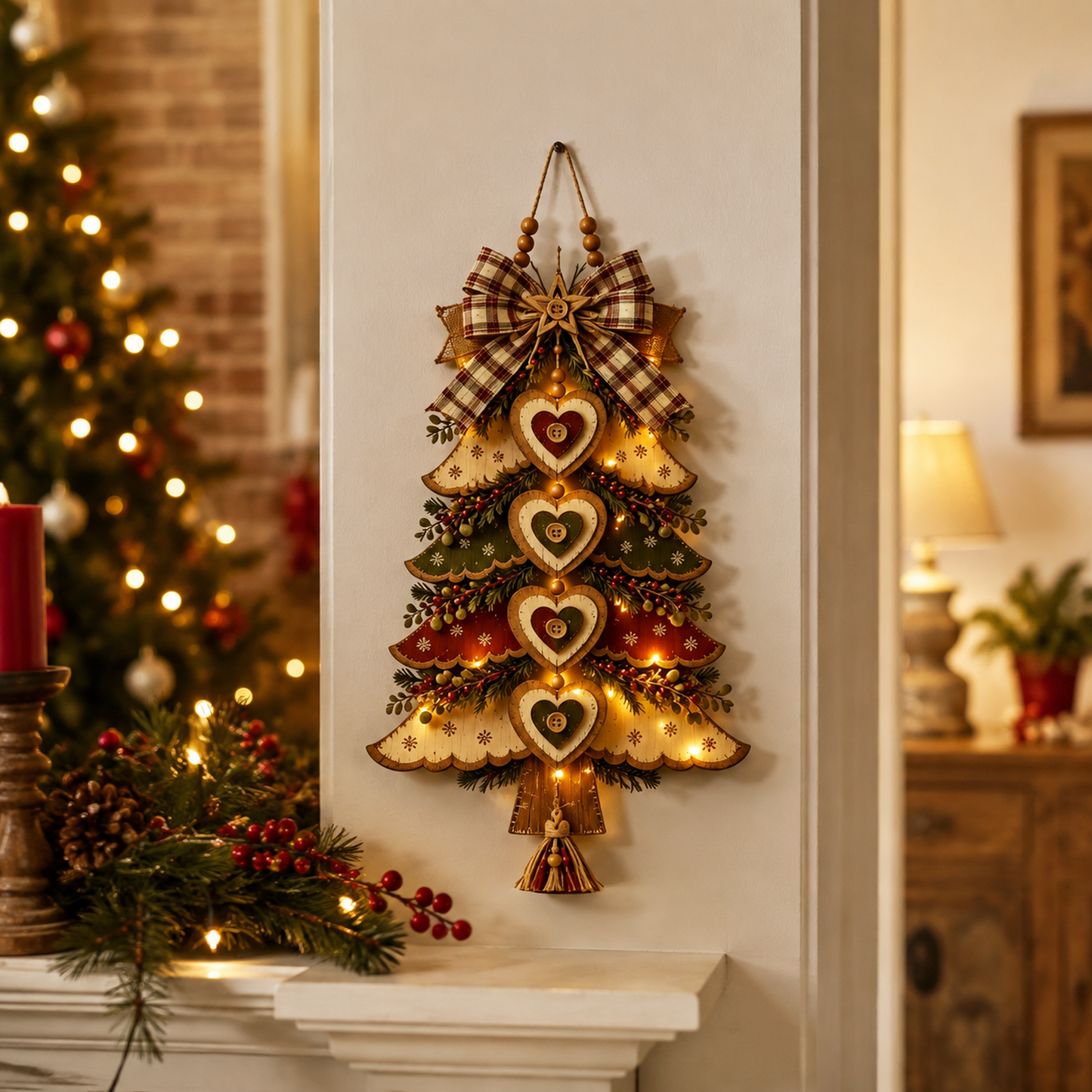 🎄Rustic Wooden Christmas Tree Wall Hanging Ornament 🎀 | Light‑Up & Non‑Light Versions Farmhouse Xmas Door Hanger with Plaid Bow & Heart Decor