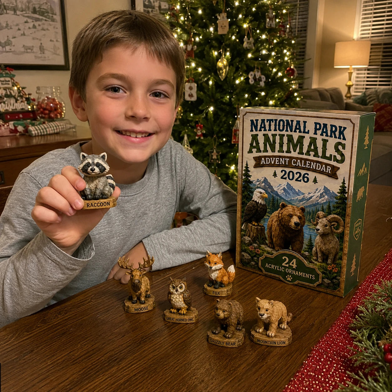Customer photo of child holding raccoon ornament from the National Park Animals Advent Calendar