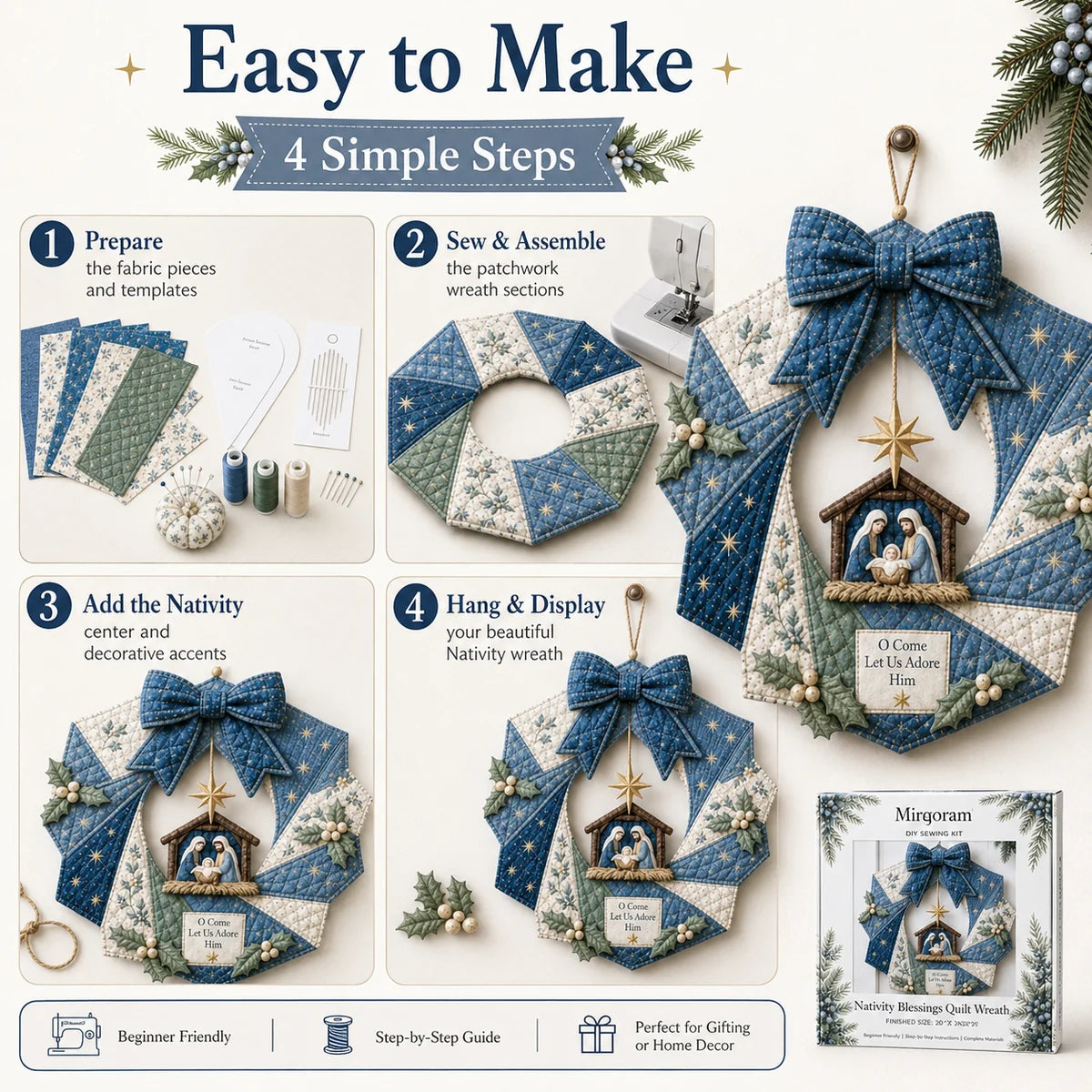 Four simple steps for making the Nativity quilt wreath