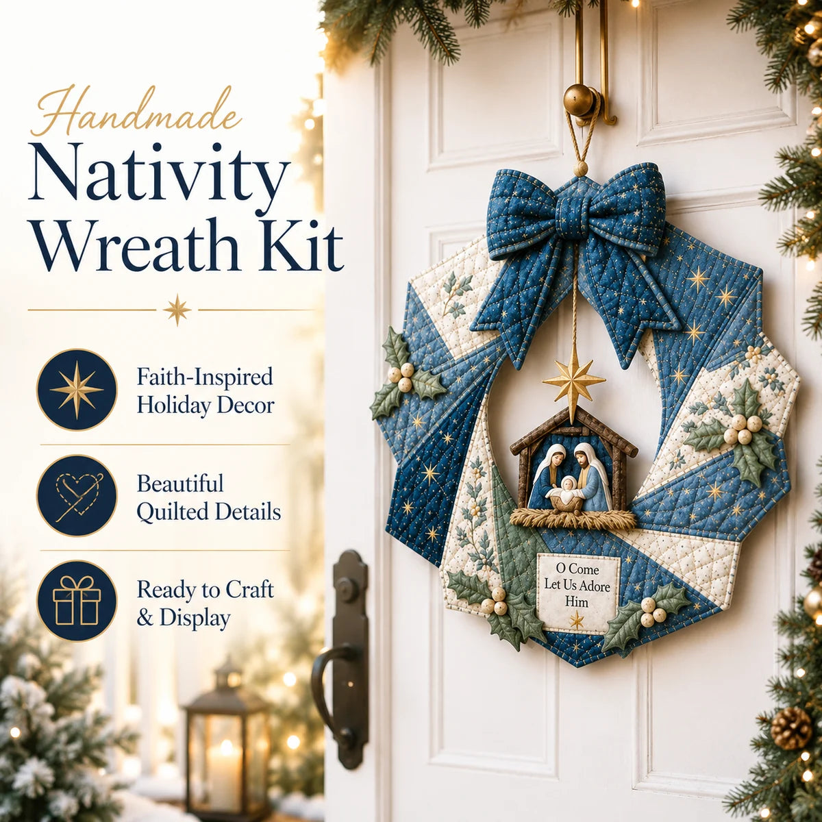 Handmade Nativity quilt wreath displayed on a Christmas front door