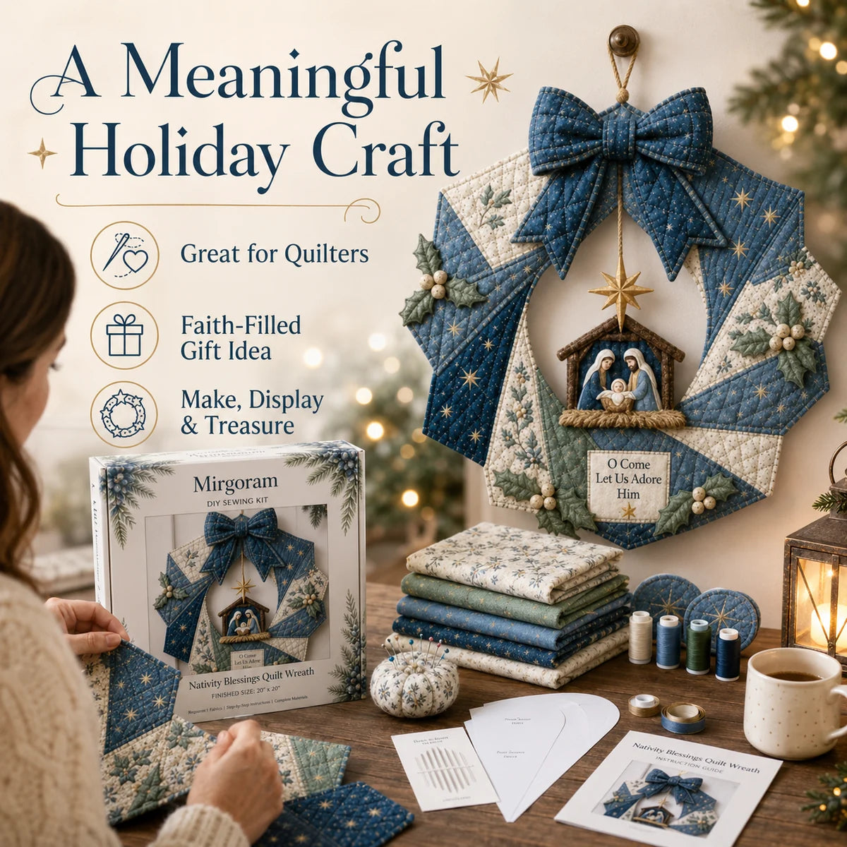 Woman working on a Nativity quilt wreath kit at a Christmas craft table