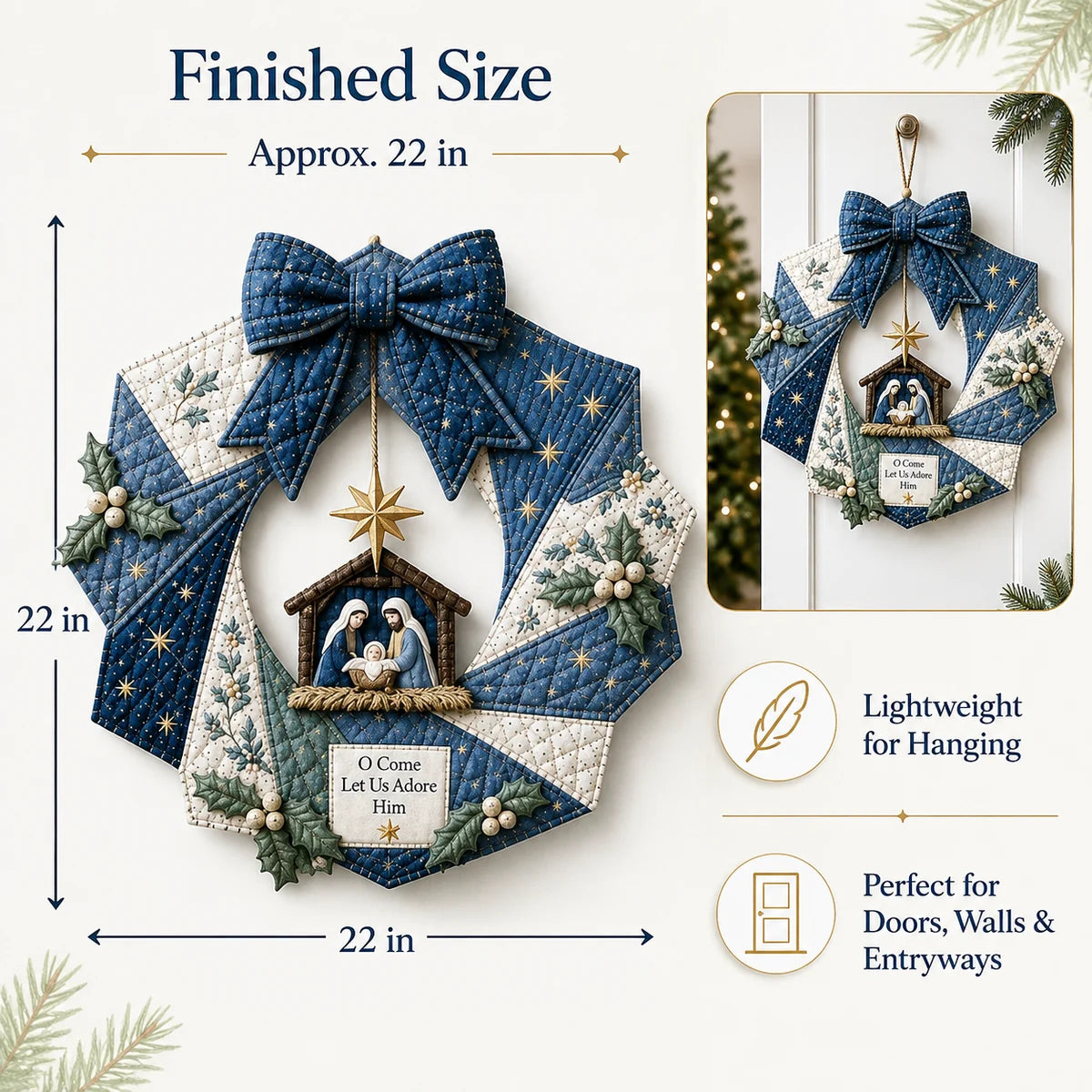 Finished Nativity quilt wreath size and hanging example