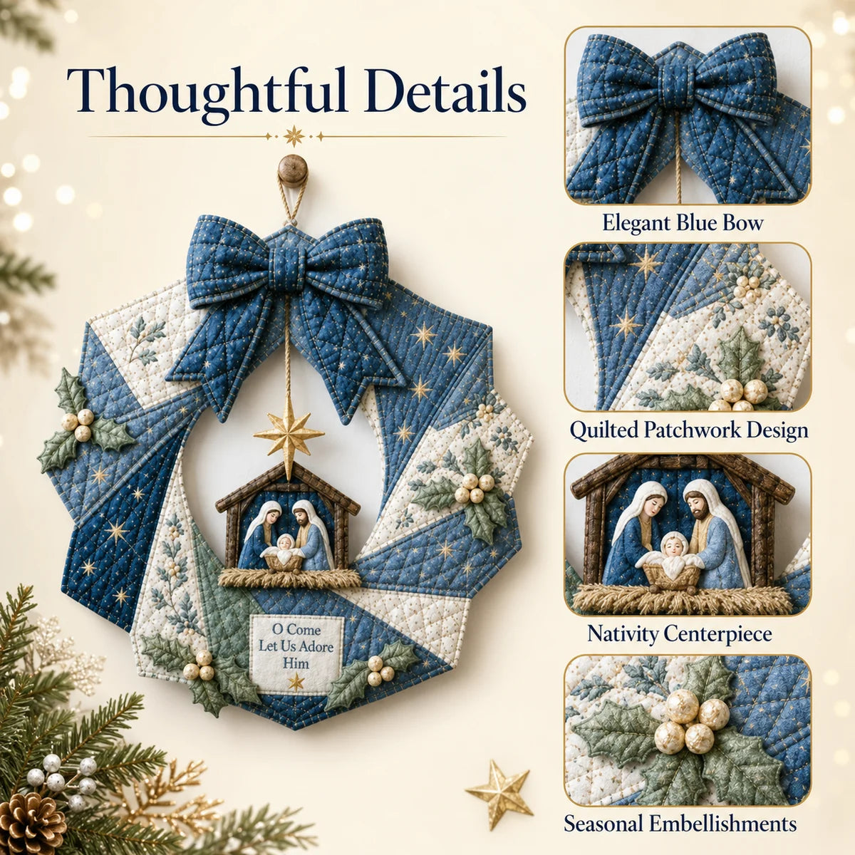 Close-up details of the quilted bow, patchwork and Nativity centerpiece
