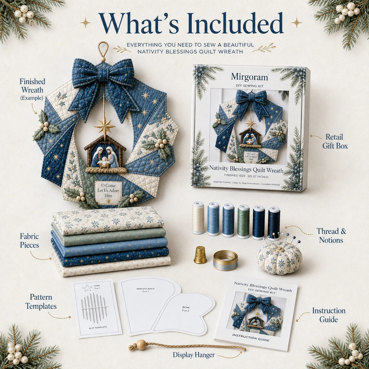 What's included in the Nativity quilt wreath DIY sewing kit