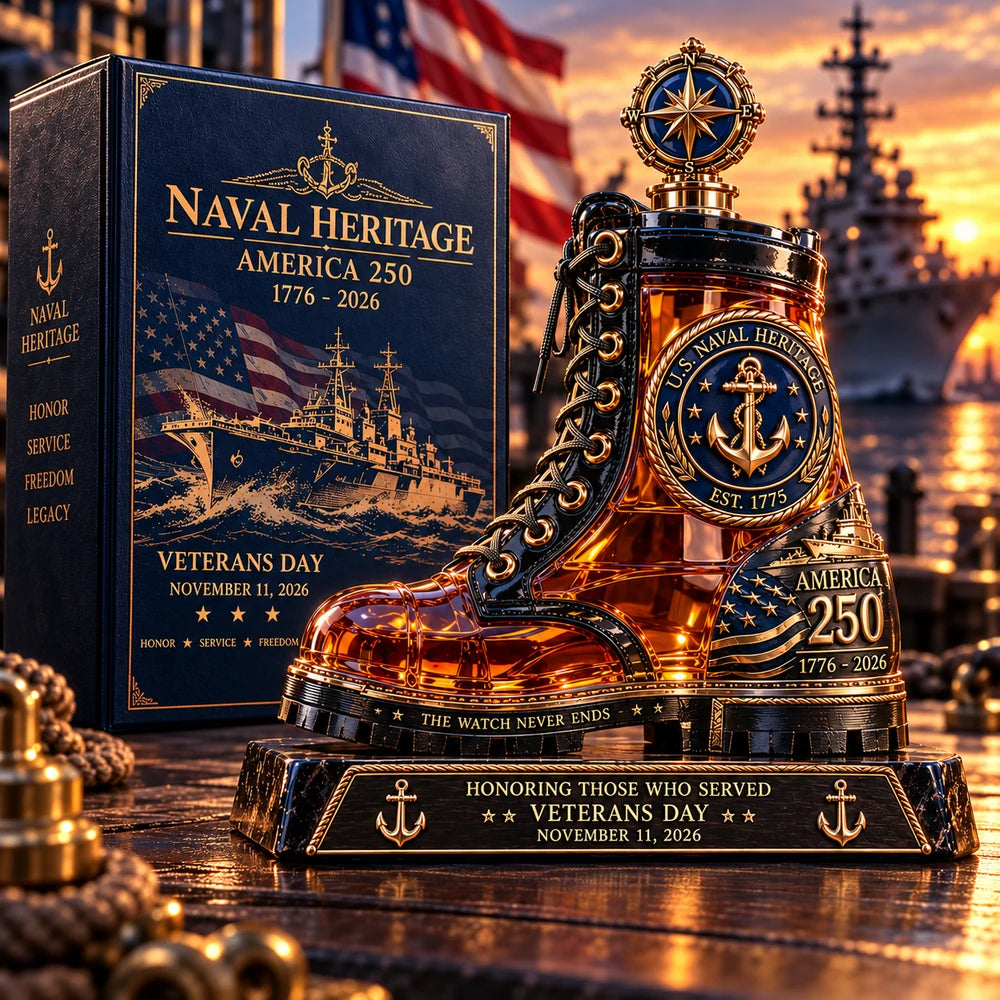 America 250 naval decanter alongside its commemorative themed gift box