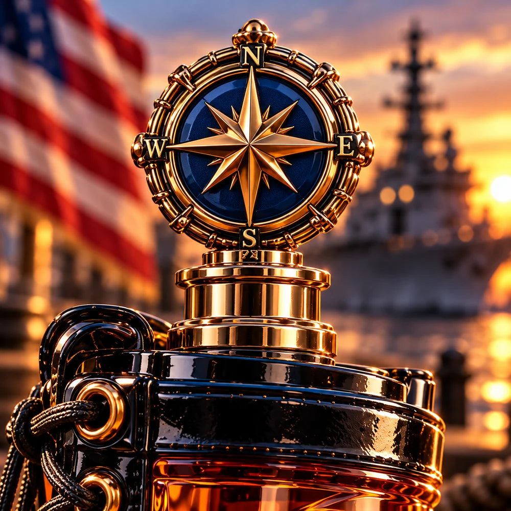 Compass rose inspired stopper above the commemorative boot decanter