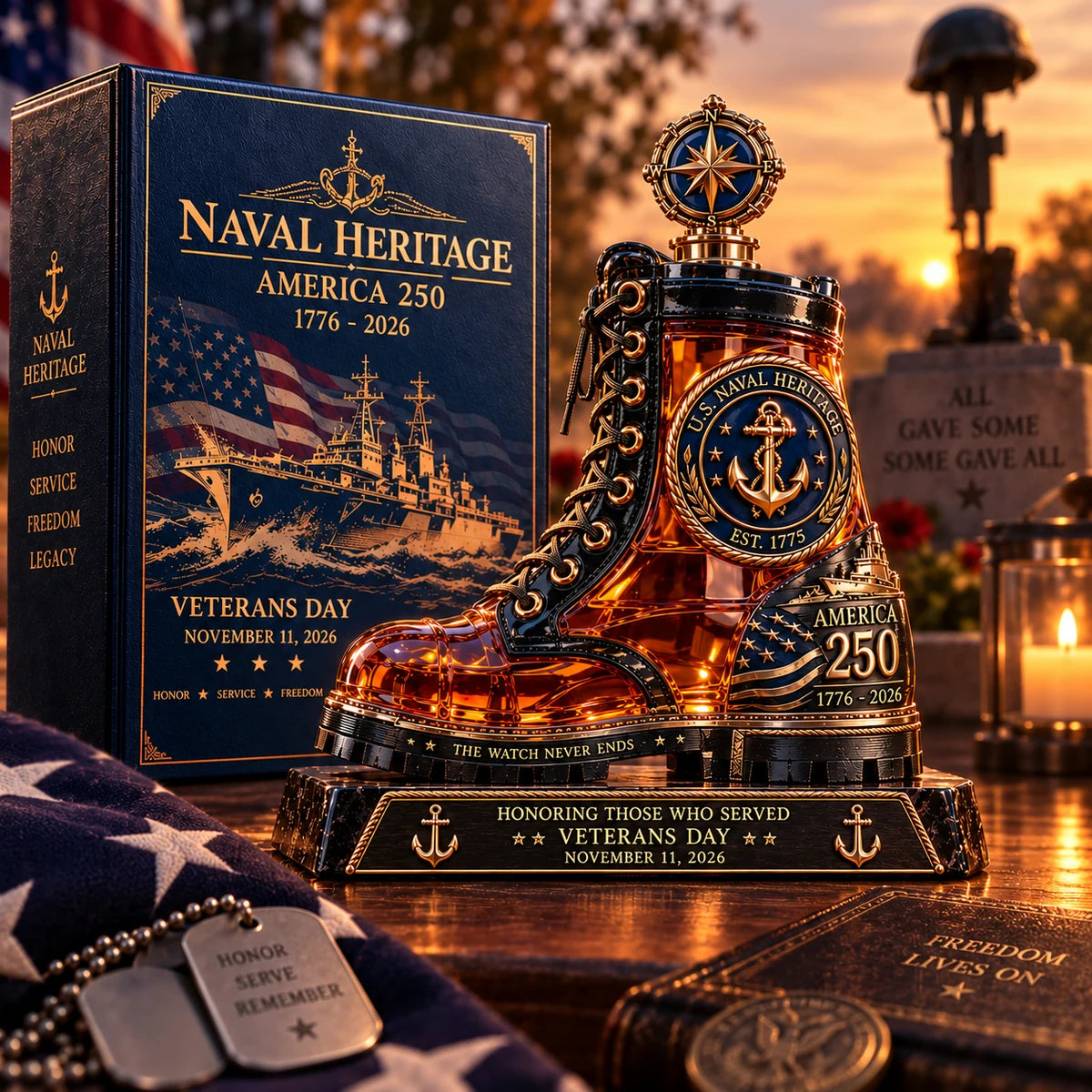 Naval Heritage America 250 boot-shaped decanter with commemorative presentation box