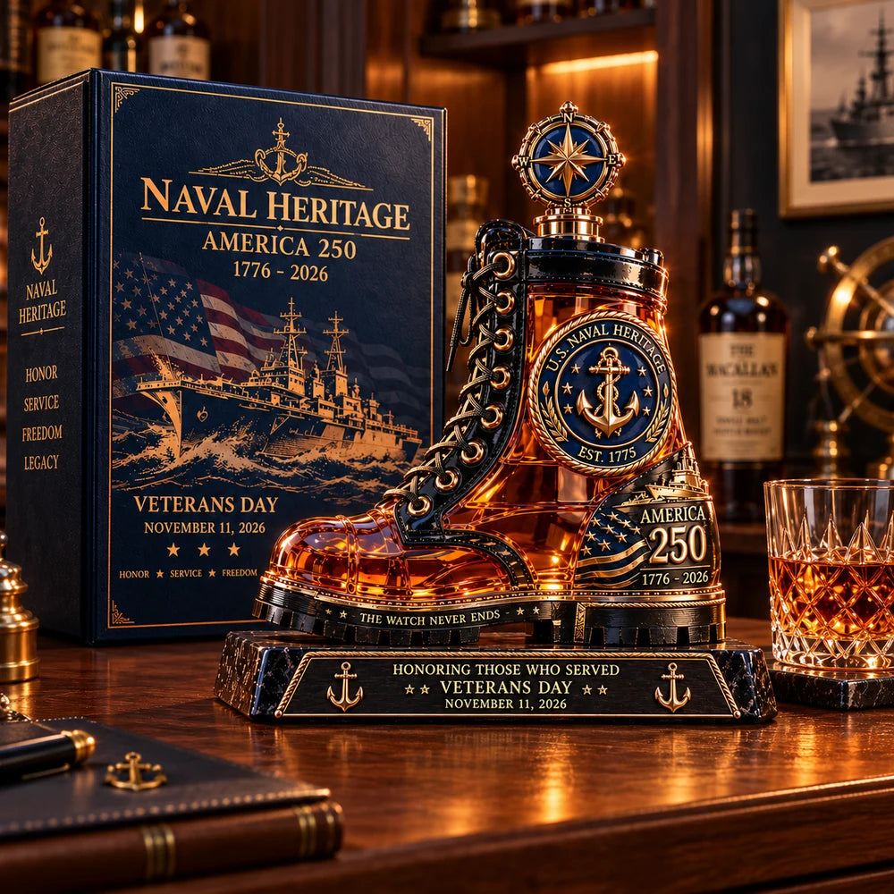 Naval boot decanter displayed in a classic wooden home bar setting