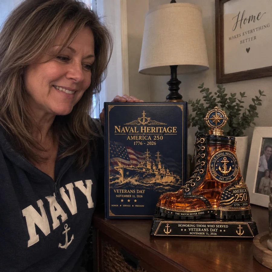 Woman beside the naval tribute decanter and collector box on a home side table