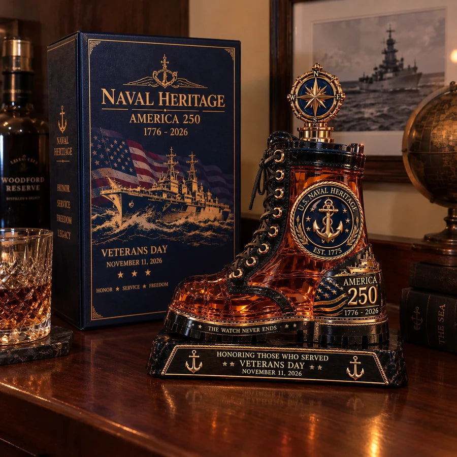 Collector boot decanter on a wooden shelf with nautical decor