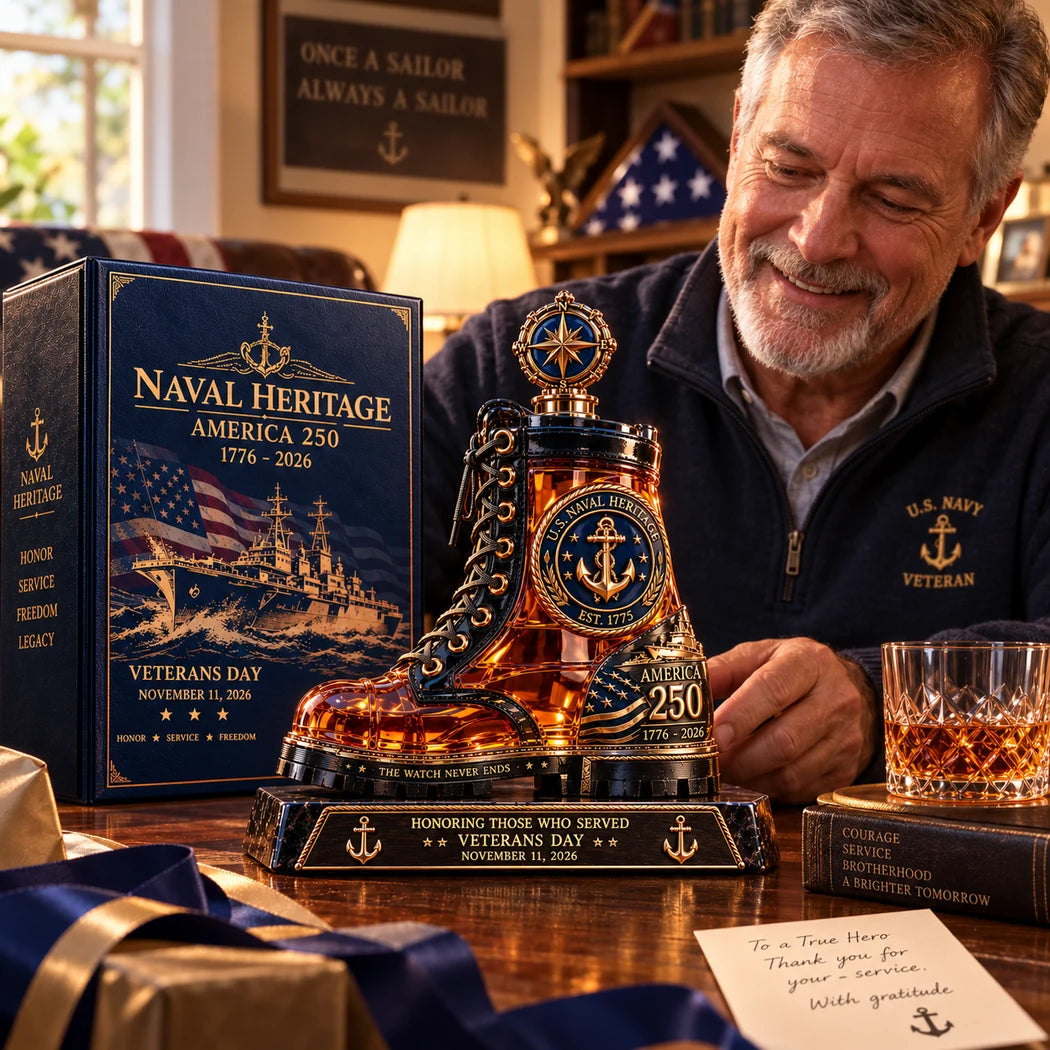 Navy veteran admiring commemorative boot decanter in a warm home setting