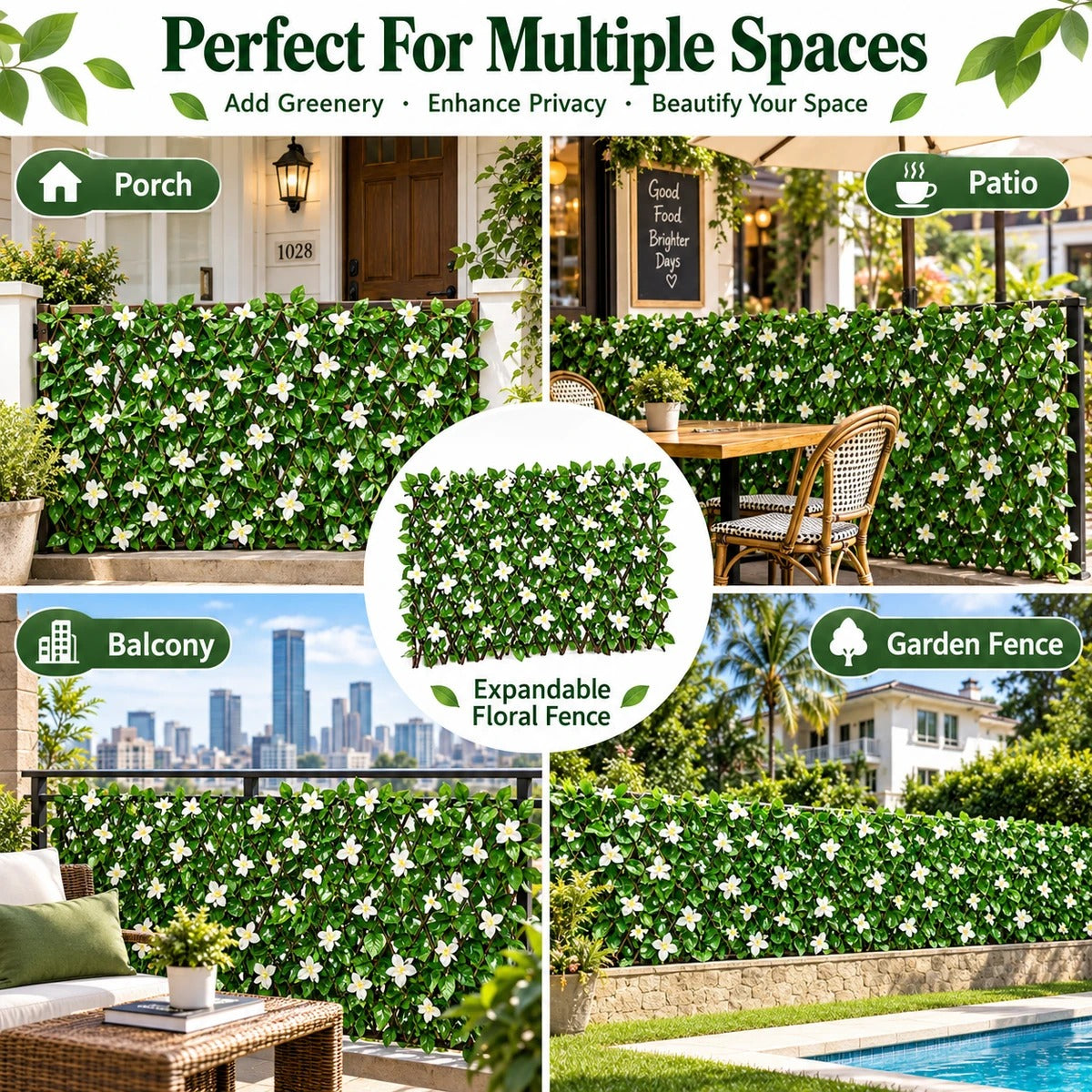 Expandable floral lattice used on a porch, patio, balcony and garden fence