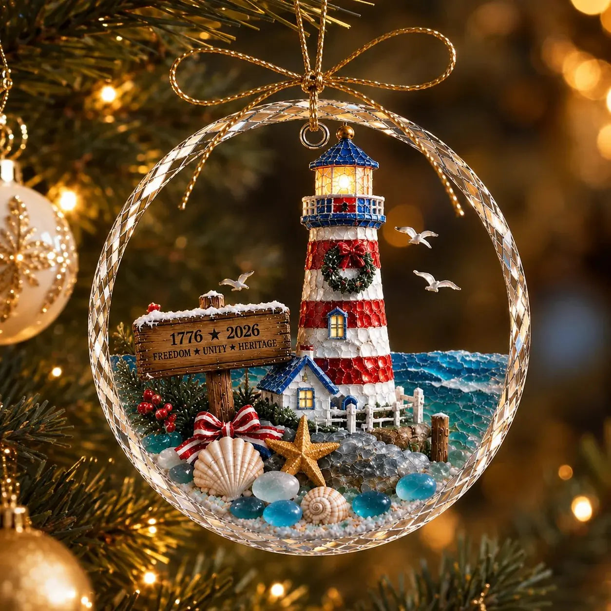 Coastal lighthouse Christmas ornament hanging on a lit tree