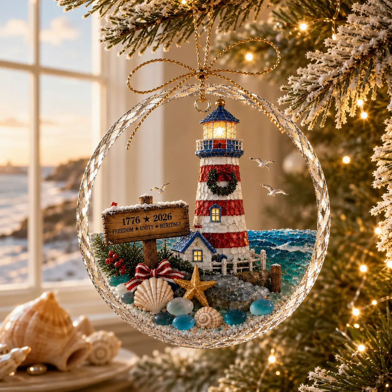 Lighthouse coastal ornament hanging near a Christmas tree