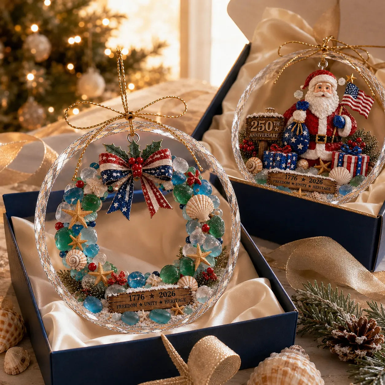 Customer gift boxes containing Ocean Christmas ornaments