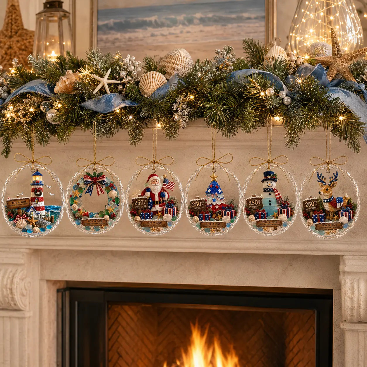Complete set of six coastal ornaments displayed above a fireplace