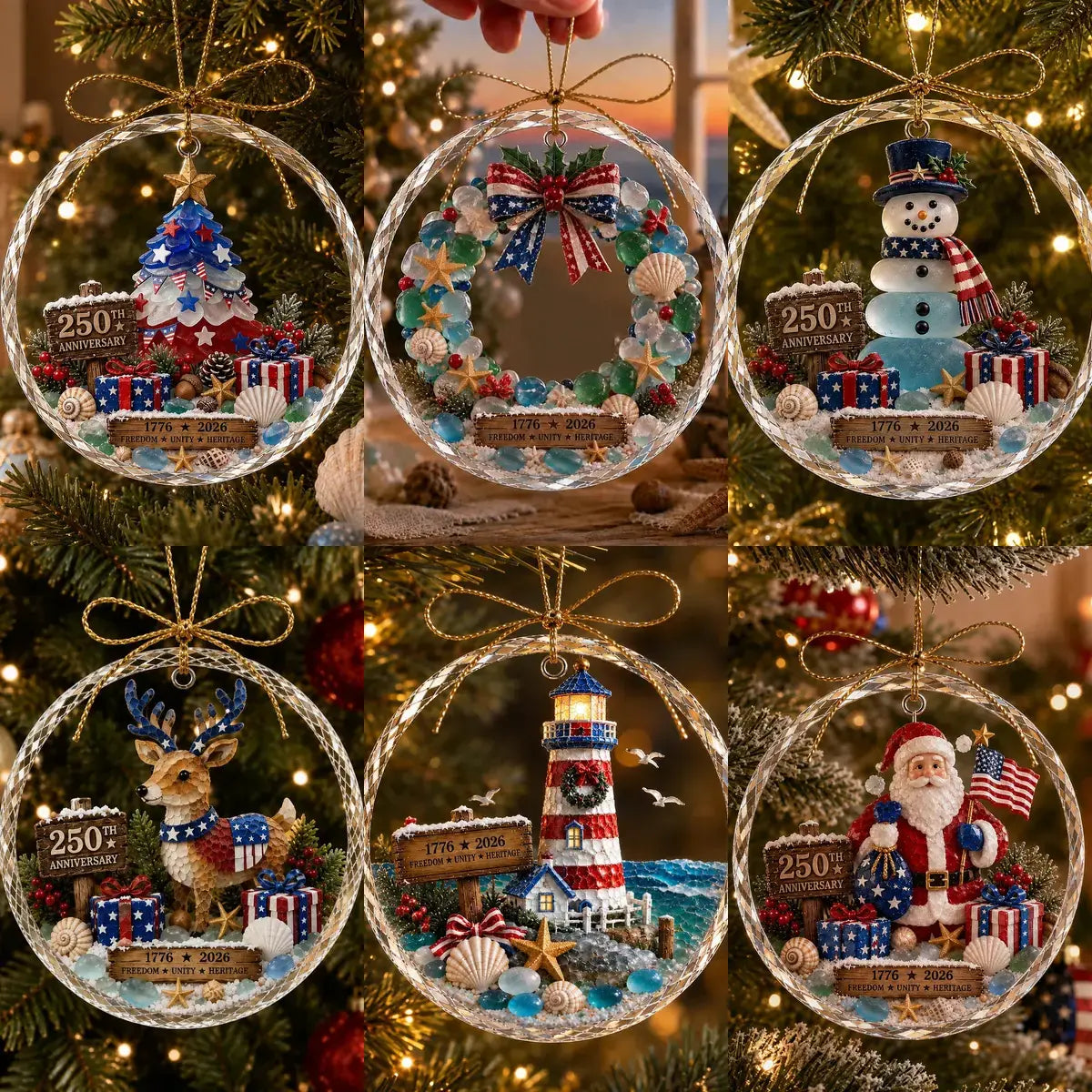All six Ocean Christmas ornament styles