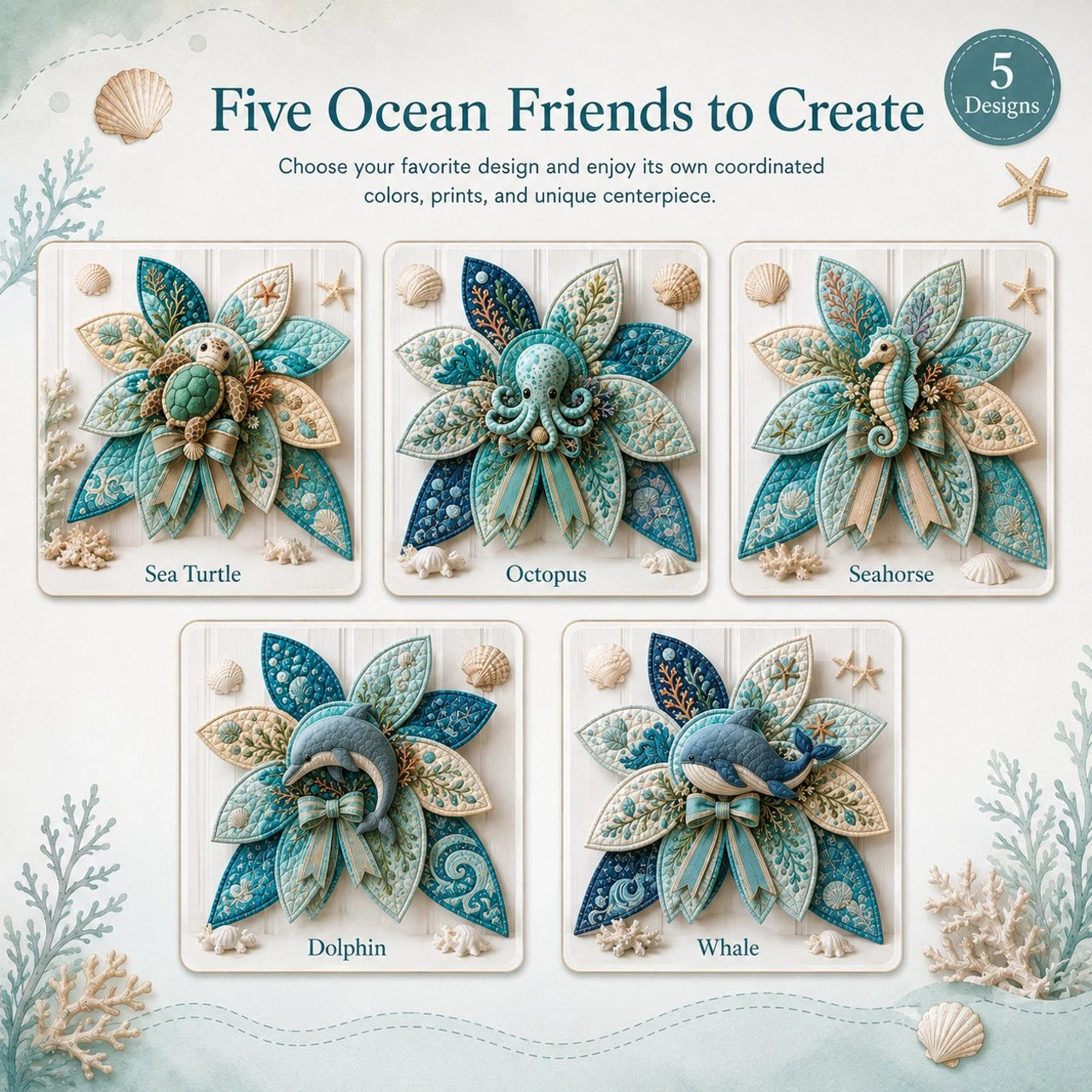 Five available ocean animal patchwork quilt bow designs