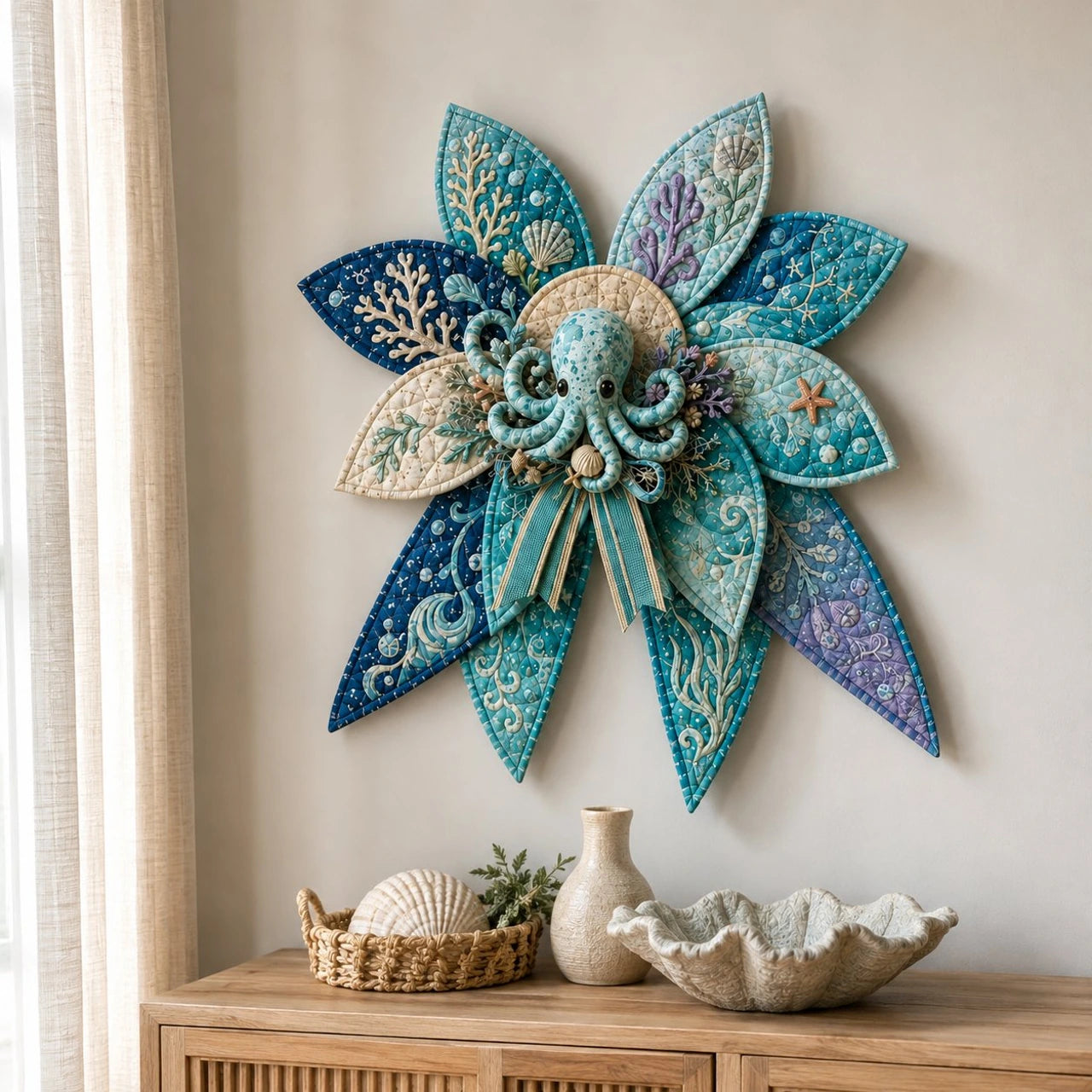 Finished octopus quilt bow displayed on wall