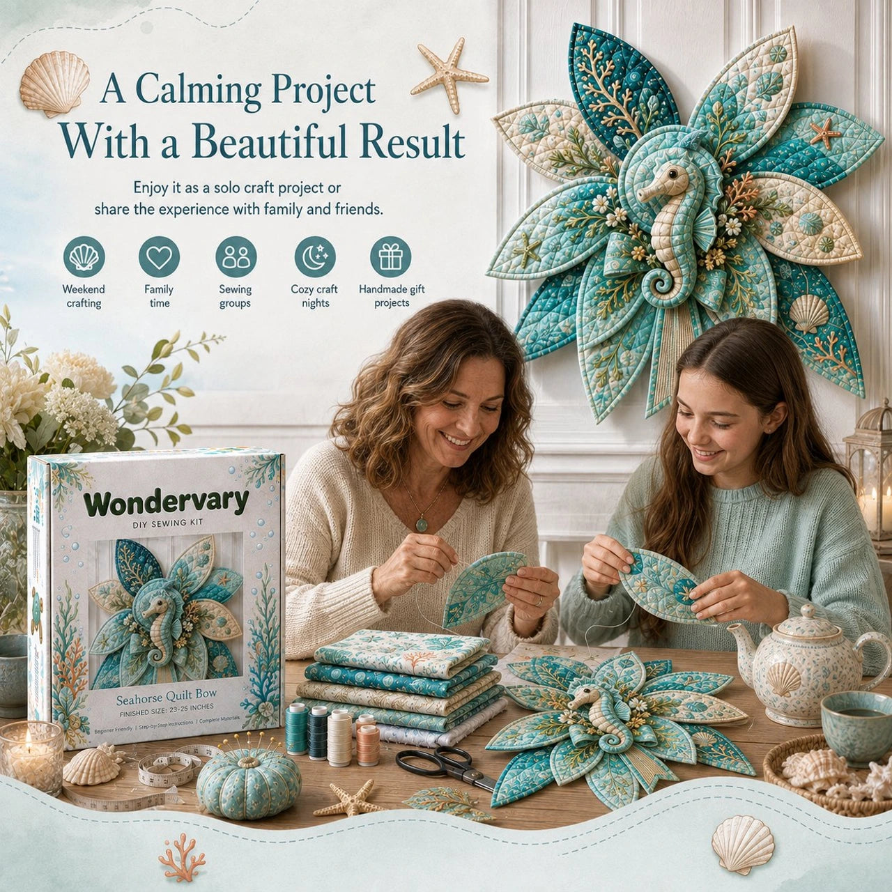 Mother and daughter enjoying a calming ocean quilt bow craft project