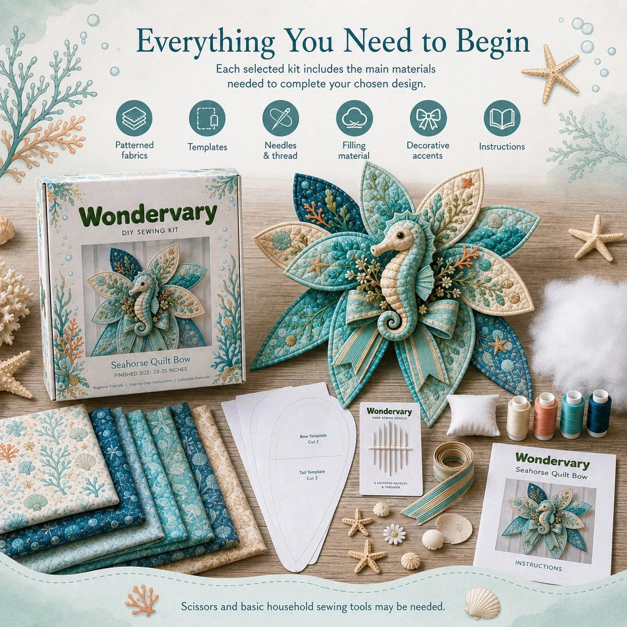 What's included in the ocean patchwork quilt bow sewing kit