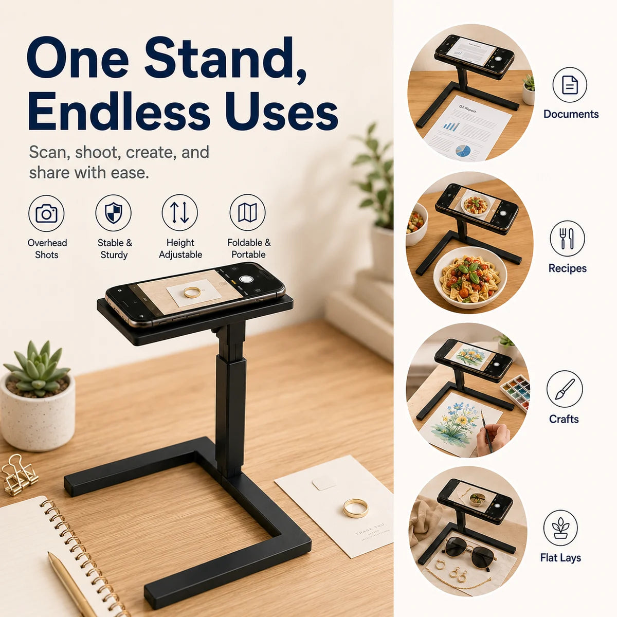 Overhead phone stand used for documents recipes crafts and flat lay photography