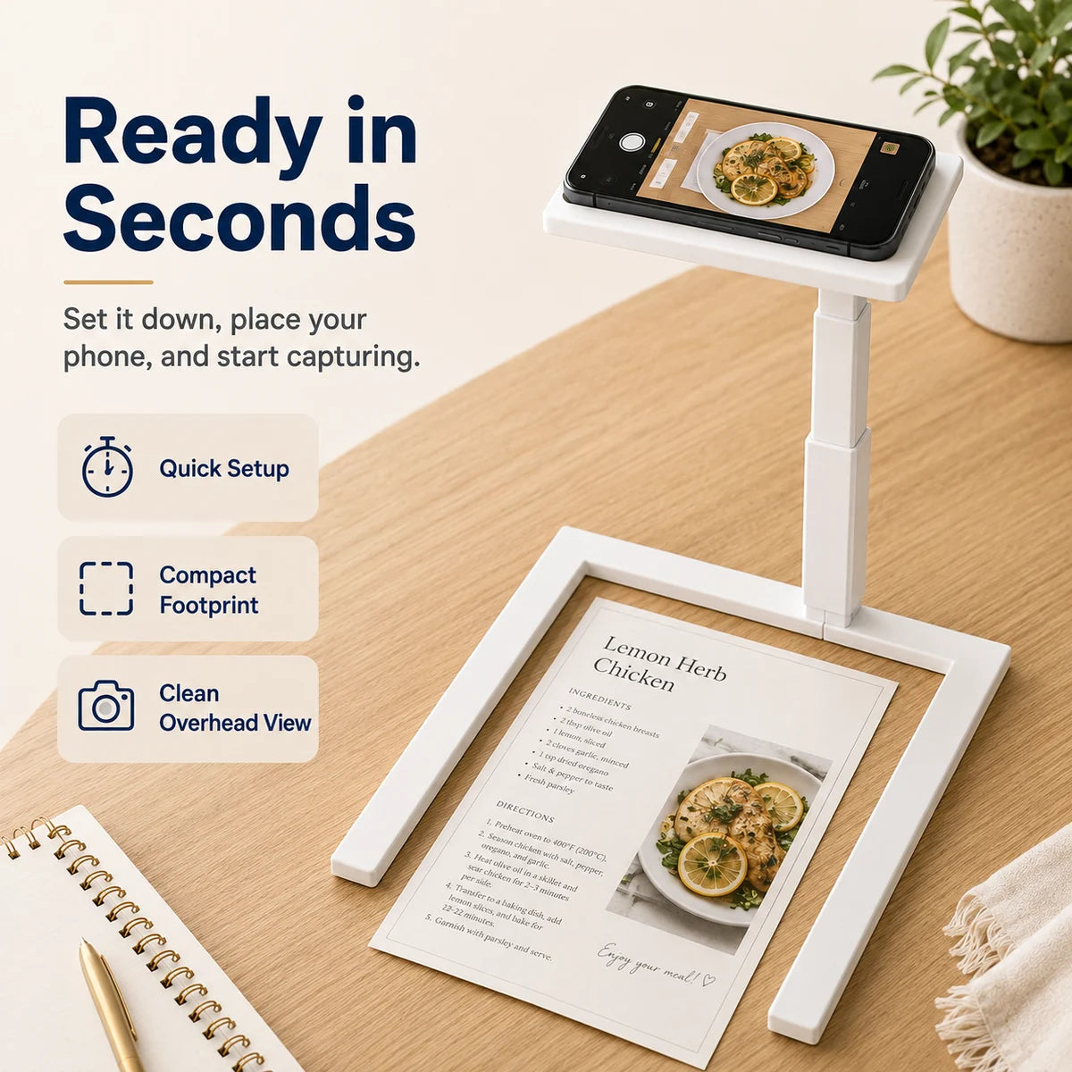White overhead phone stand set up for photographing a recipe