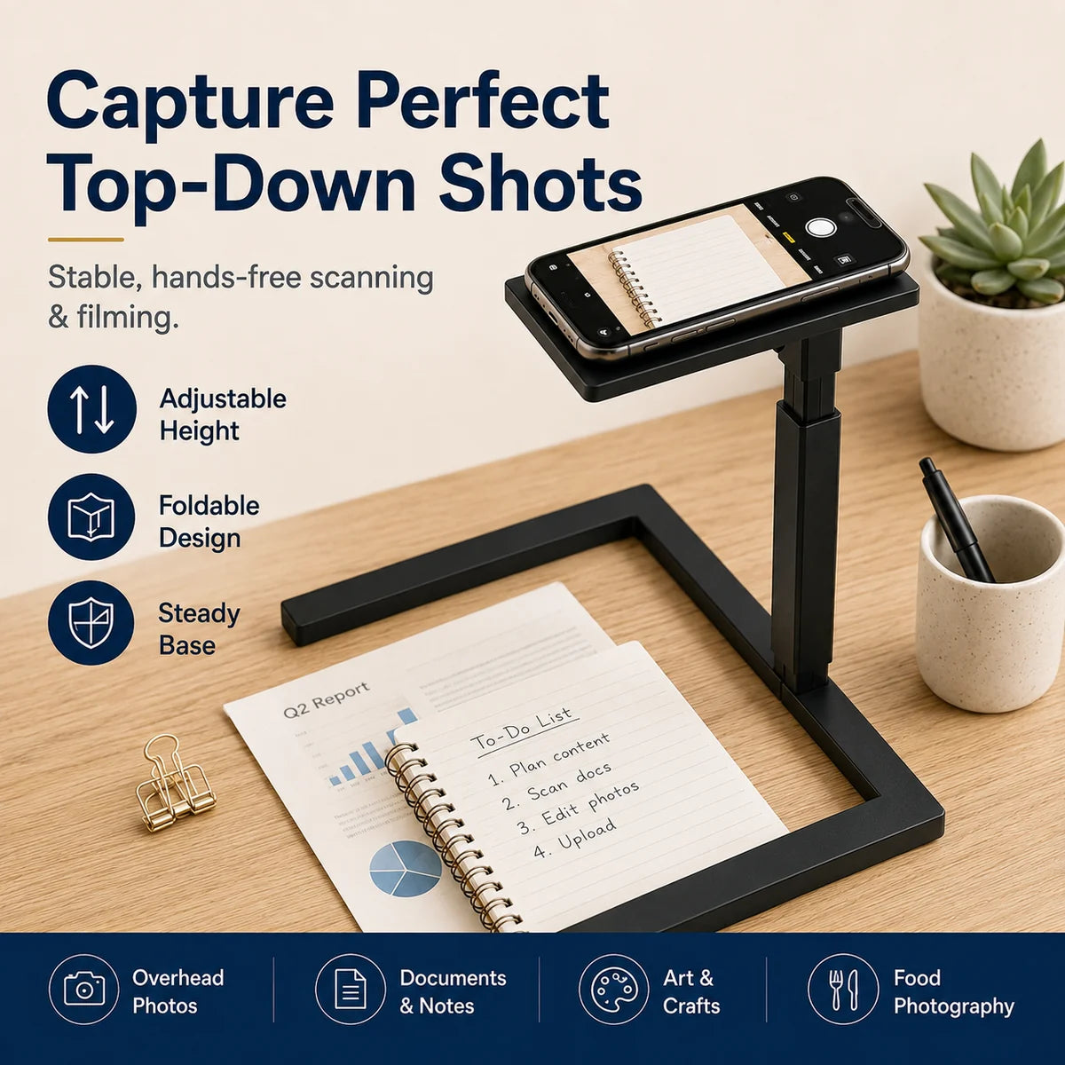 Black overhead phone stand capturing top-down shots of documents and notes