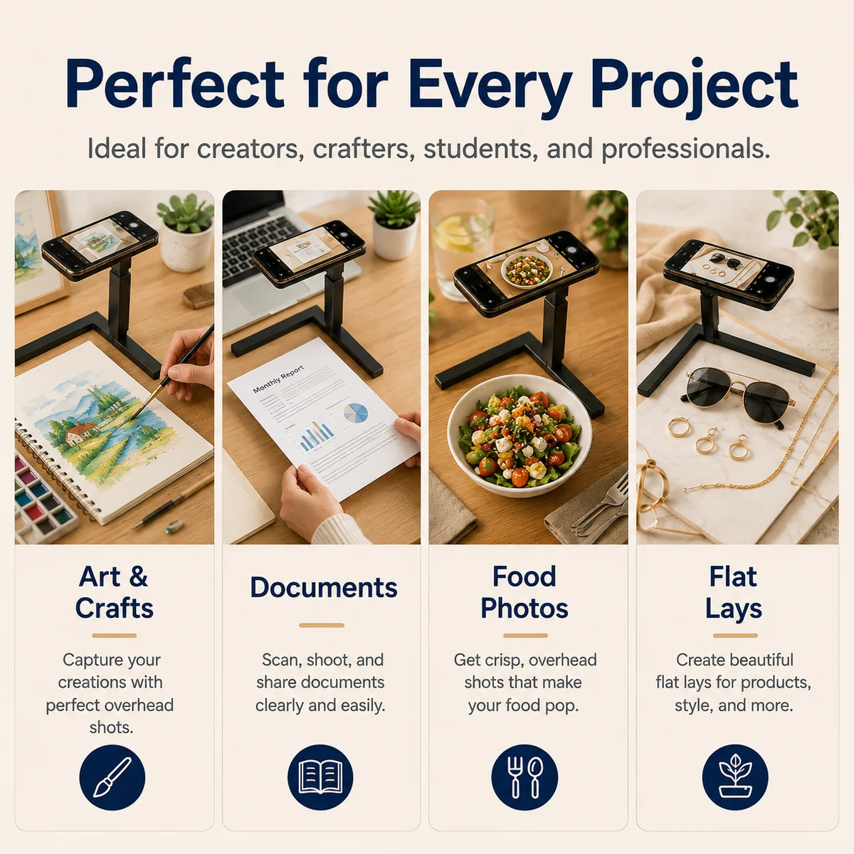 Four use cases for the overhead phone stand including art documents food and flat lays