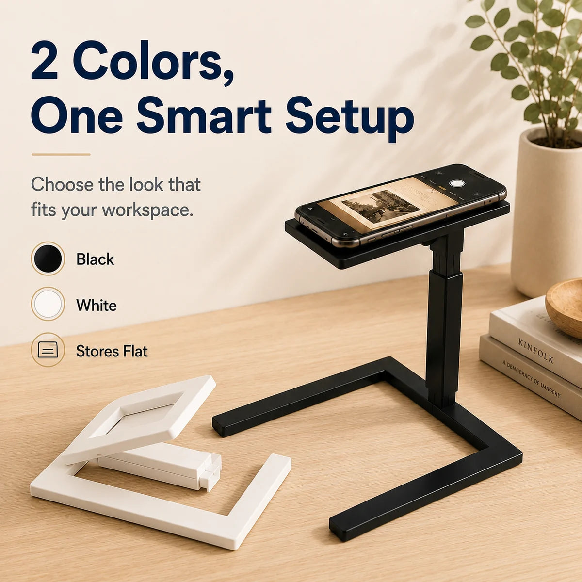 Black and white foldable overhead phone camera stands