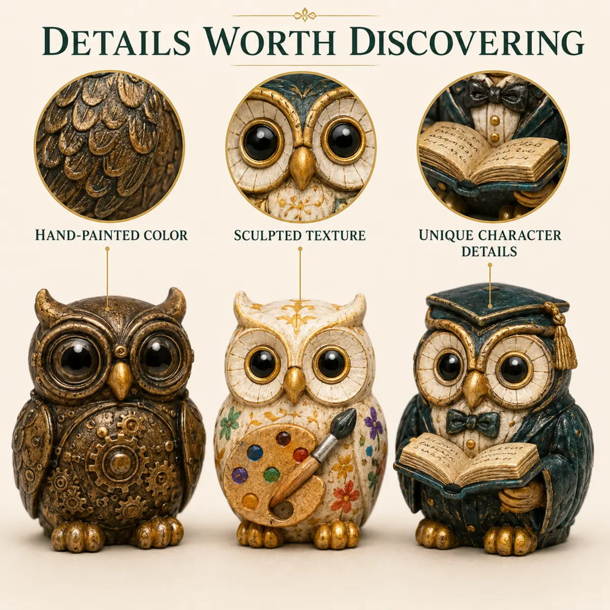 Close-up of clockwork, artist, and professor owl designs