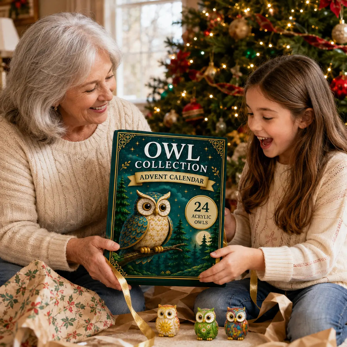 Grandmother and granddaughter sharing the owl advent calendar