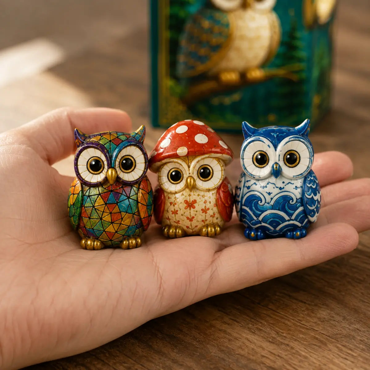 Three miniature owl pieces shown in an adult hand