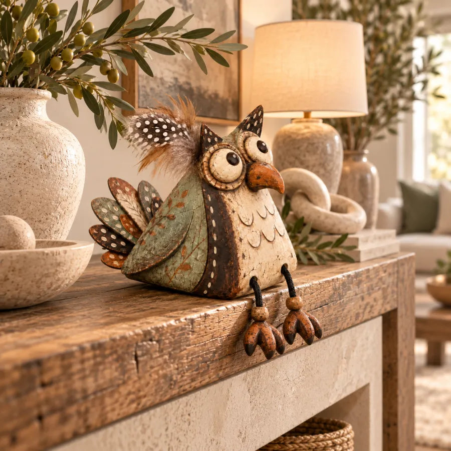 Rustic owl displayed on a warm wood console table