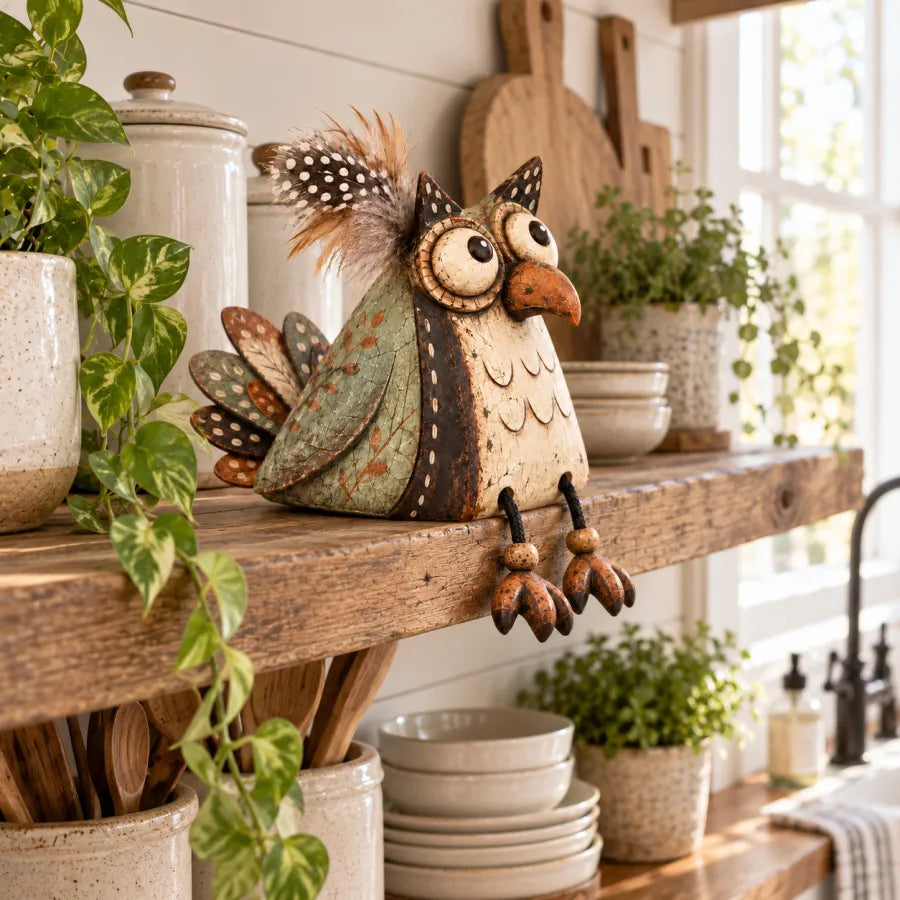 Rustic owl displayed on a bright kitchen shelf