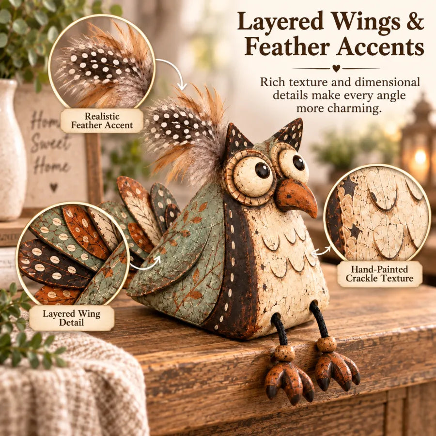 Close-up details of the owl's layered wings and feather accents