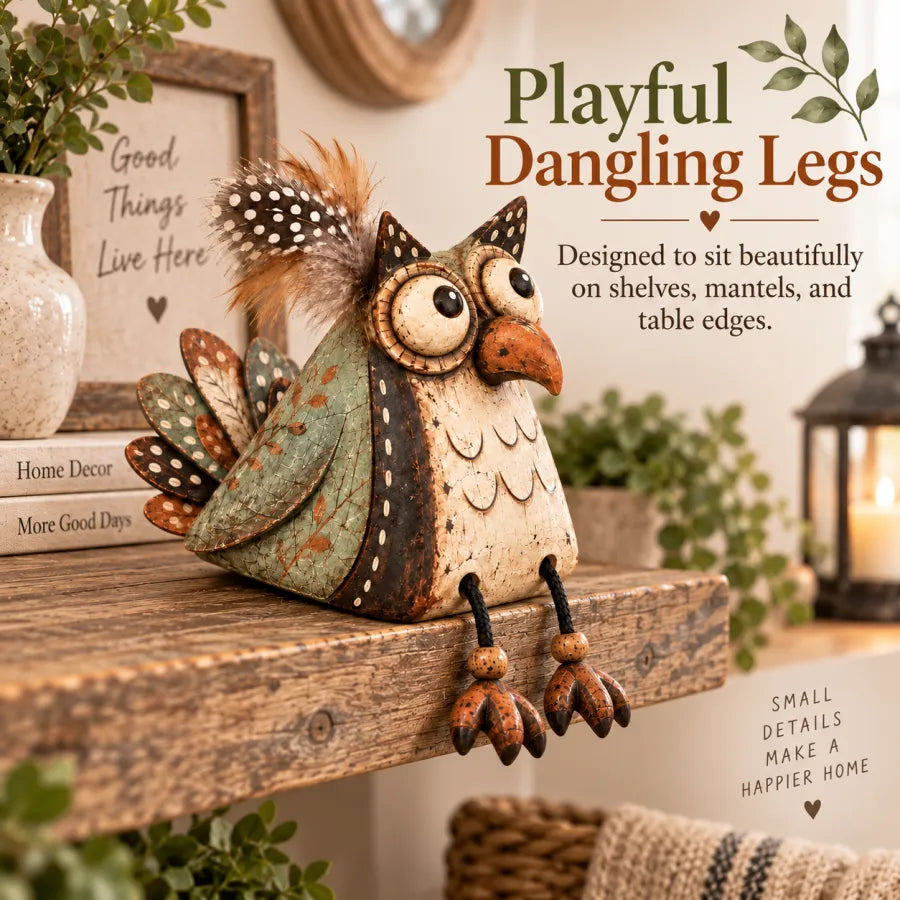 Owl shelf sitter with flexible legs hanging over a wooden shelf