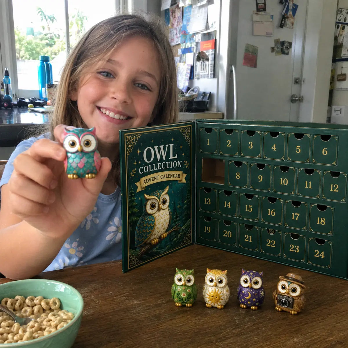 Sample review image showing a child opening an owl calendar compartment