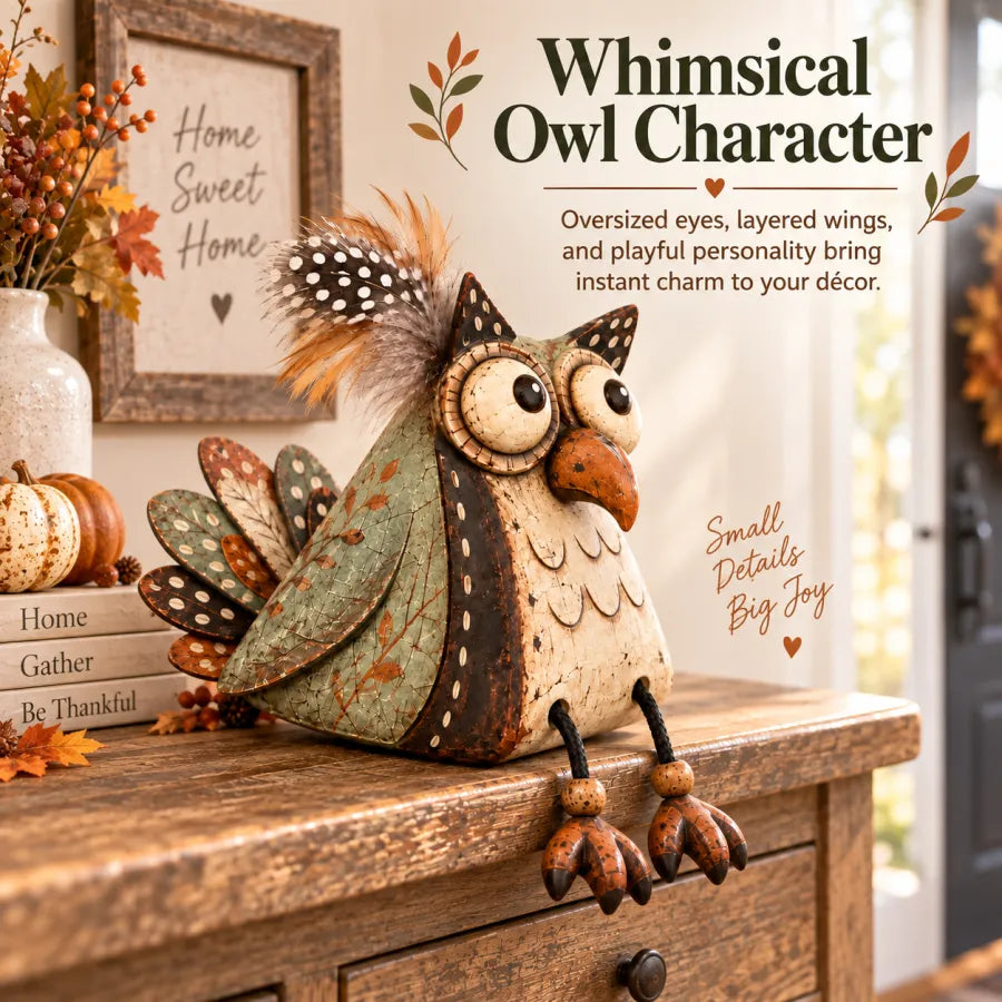 Whimsical rustic owl shelf sitter with oversized eyes