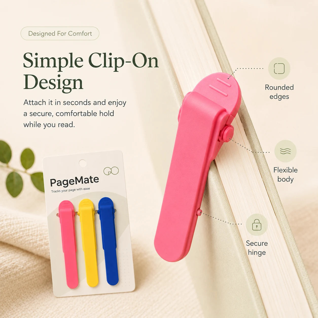 Close view of PageMate rounded clip-on design