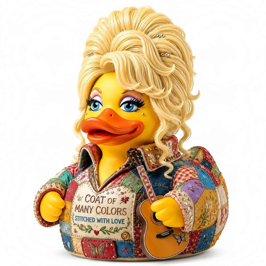 Patchwork coat memorial duck collectible with blonde hair and mini guitar