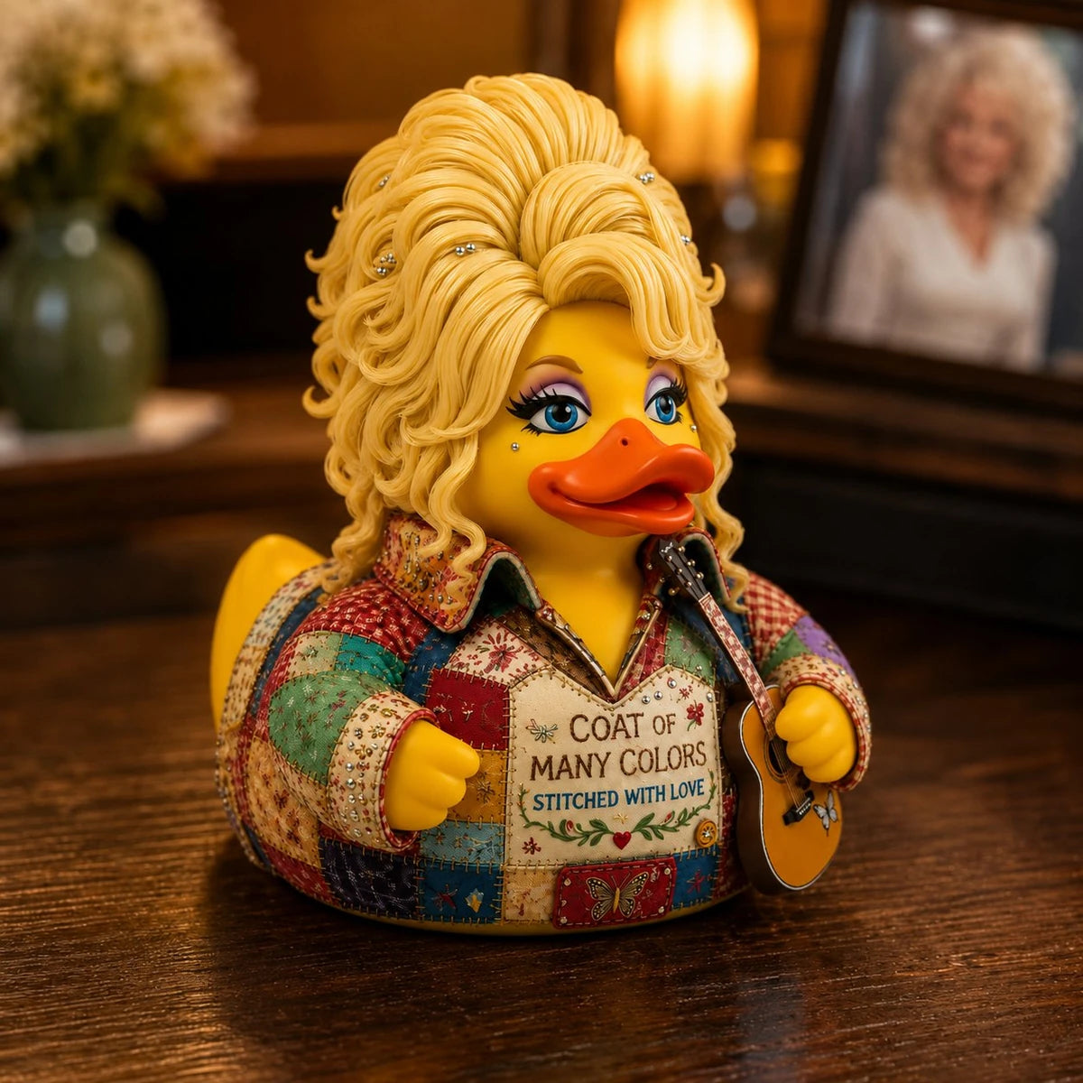 Memorial duck collectible displayed at home on a wooden table