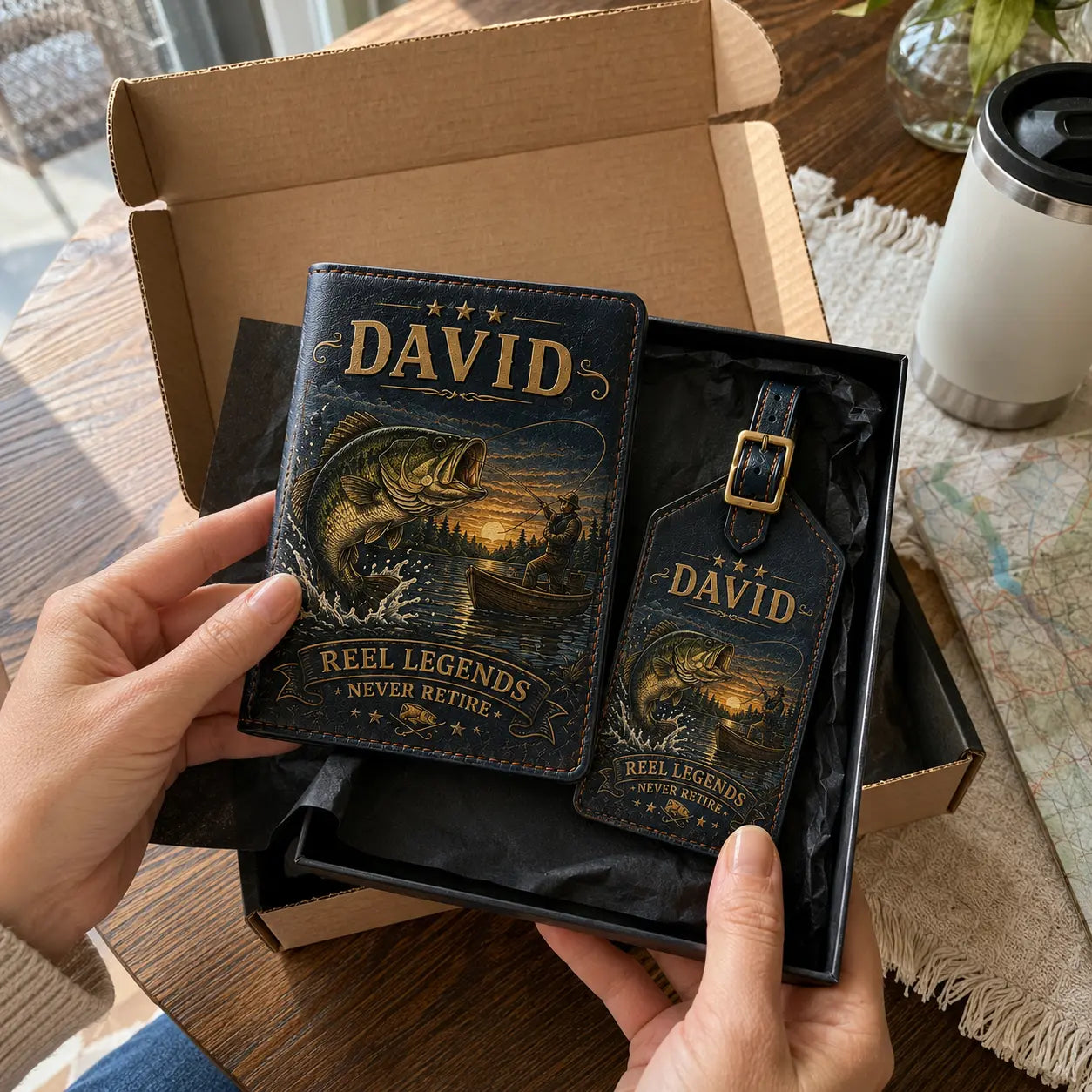 Customer unboxing a personalized fishing passport cover and luggage tag set