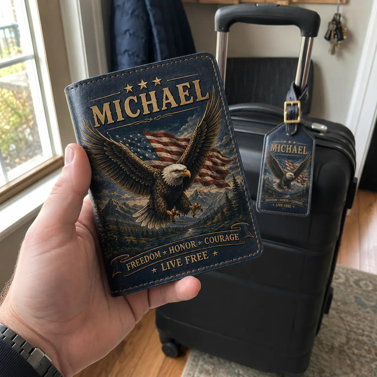 Traveler holding a personalized eagle passport cover beside a tagged suitcase