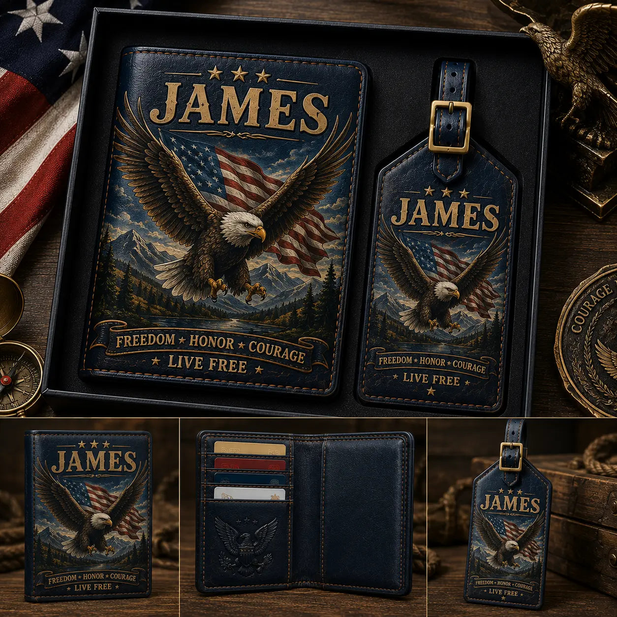 Personalized eagle passport cover and matching luggage tag in a gift box