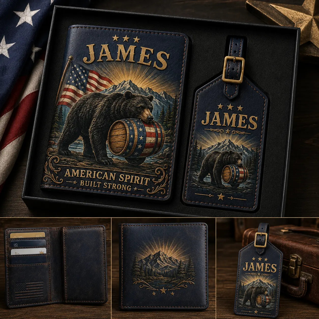 Personalized American spirit black bear passport cover and luggage tag design