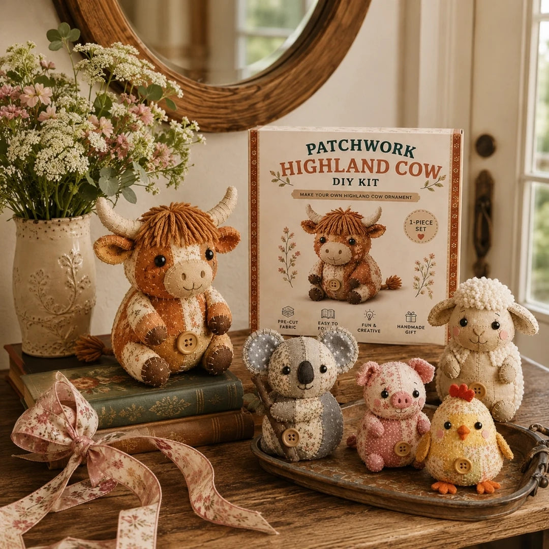 Patchwork DIY sewing kit contents and finished animal ornaments