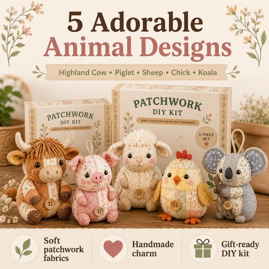 Five adorable animal design options in the Patchwork Animal DIY Sewing Kit
